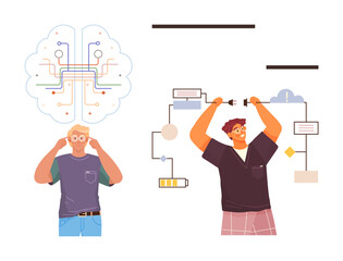 Two people exploring thought systems, one with a neural brain map and the other with flowchart diagrams. Ideal for brainstorming, creativity, innovation, teamwork, problem-solving, technology