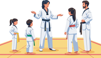 Fototapeta premium A Taekwondo instructor teaching a group of children on a mat.