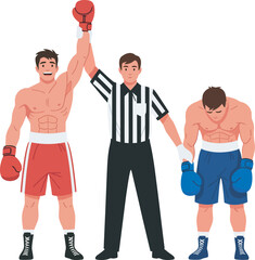 Obraz premium Boxing match, winner, loser, and referee in a triumphant moment.