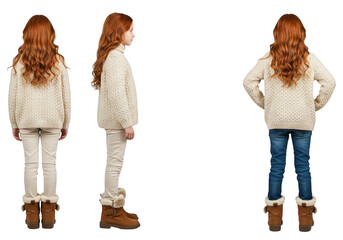 Young girl with red hair in sweater and jeans from three views isolated on transparent background