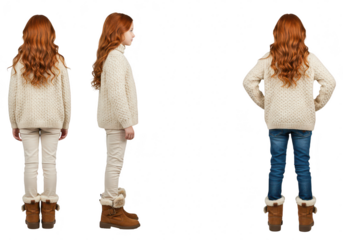 Young girl with red hair in sweater and jeans from three views isolated on transparent background