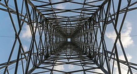 Looking Up Through a Power Line Tower Against a Cloudy Sky