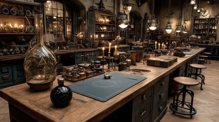 A richly detailed chemistry lab with vintage flasks, beakers, and scientific instruments under warm lights.