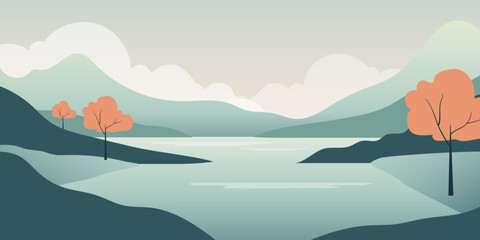 Minimalist flat vector mountain landscape with river, orange trees, sunrise, pastel colors, simple nature scenery.