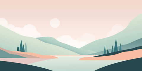 Minimalist flat vector mountain landscape with river, orange trees, sunrise, pastel colors, simple nature scenery.