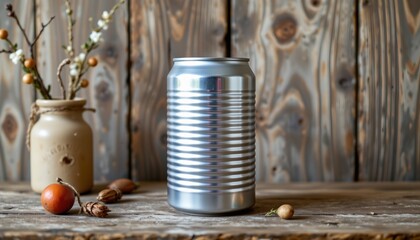 empty tin can mockup with rustic decor, country vibe