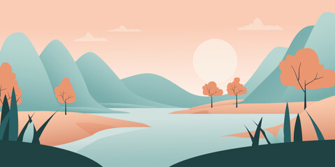 Minimalist flat vector mountain landscape with river, orange trees, sunrise, pastel colors, simple nature scenery.