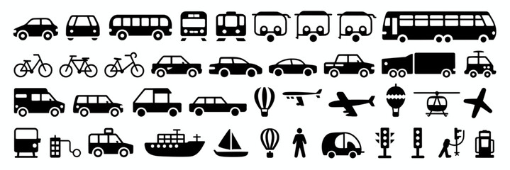 Transportation Icons Set – Vehicles and Travel Modes Silhouette Vector

