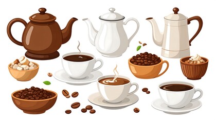 Obraz premium Artistic illustration of coffee set with cups, pots, beans, sugar and steam