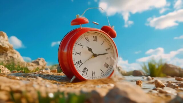 Captivating visuals of a red alarm clock shattering amidst a serene natural setting