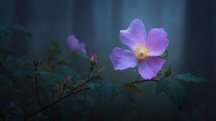 The concept of growth and the natural environment is embodied by a flowering plant with pink blossoms that is growing in a forest setting, surrounded by nature and flora, including various plants and