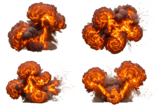 Four explosions isolated on transparent background