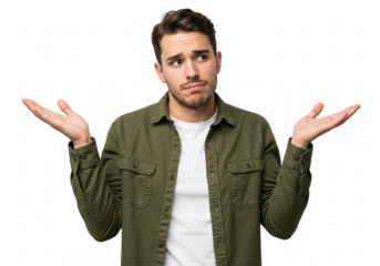 Man shrugging with confusion and uncertainty, isolated on transparent background