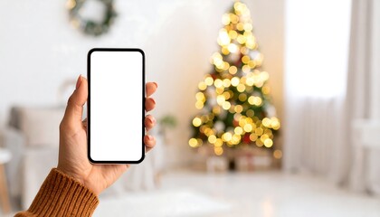 Hand holding a modern smartphone with a blank white screen against a beautifully blurred background of a festive Christmas tree, ideal for seasonal app mockups or digital holiday campaigns.