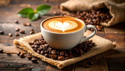 Aromatic coffee art: Cup of latte with heart shape and coffee beans