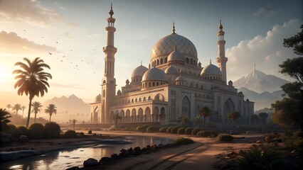 Obraz premium Majestic islamic mosque with tall minarets and domes at sunrise with palm trees and water reflection