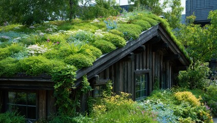 Obraz premium Wooden cabin with green living roof on a rooftop deck in the city. Surrounded by urban buildings in the background. Ideal for eco living, urban design, sustainability, and green architecture.