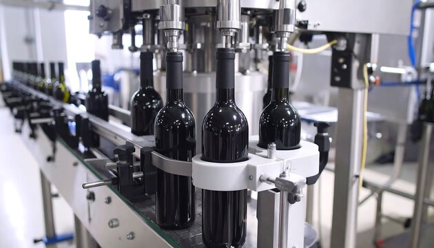 Automated bottling line for red wine showcasing modern beverage production process