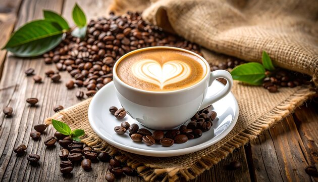 Aromatic delight: Coffee cup with heart latte art surrounded by coffee beans - Powered by Adobe