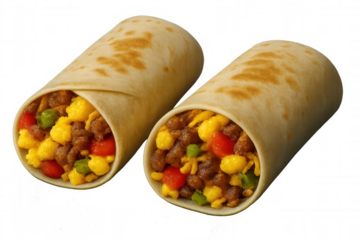 Breakfast burritos stuffed with scrambled eggs, sausage, cheese, and mixed vegetables, resting on clean white surface