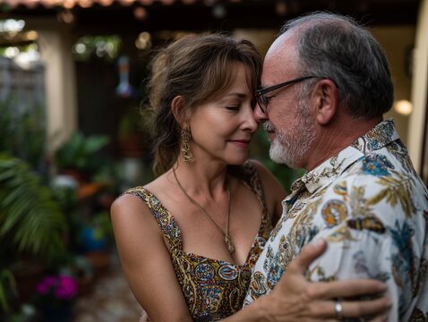 Romantic couple embraces amidst lush foliage