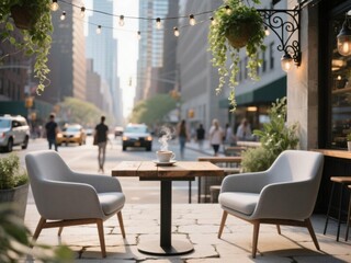 Fototapeta premium An inviting outdoor café scene with a wooden table and comfortable chairs, featuring a steaming cup of coffee. The setting is in an urban environment with tall buildings in the background, bustling st