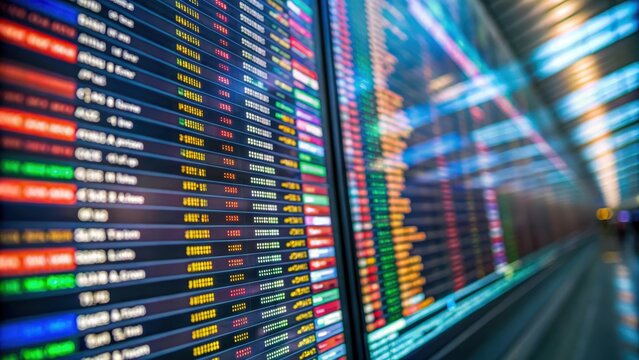 Digital display board shows flight information in busy airport terminal with vibrant colors and clear text indicating arrivals and departures