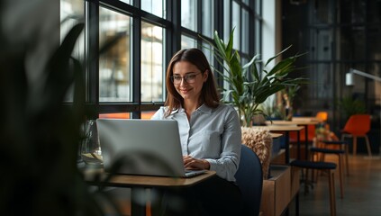 Young business woman smiling while working on a laptop at home or in the office, Generative AI