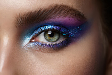 Obraz premium Close Up of Eye with Vibrant Galaxy Inspired Makeup Application for Beauty and Cosmetic Advertising, Showcasing Artistic Expression and Detailed Artistry
