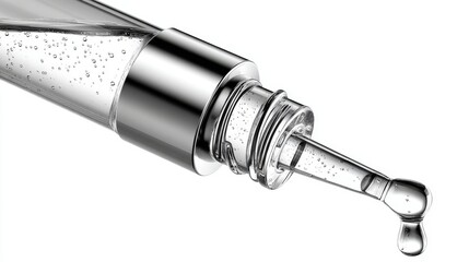 Fototapeta premium A dropper releasing clear essential oil onto a white isolated background