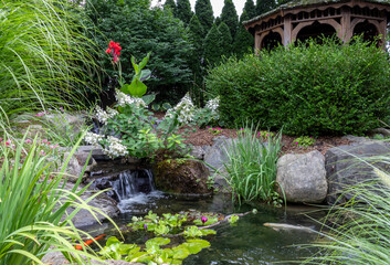 Koi Pond with waterfall feature from planter and rustic brown gazebo with beautiful fresh flowers and grasses for landscape architecture backyard oasis