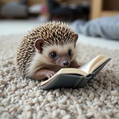 hedgehog lying down and reading a book indoors