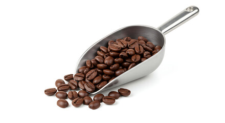 Obraz premium The main subject is a metal scoop filled with roasted coffee beans, with some beans spilling out onto the surface.