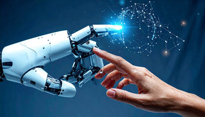 Artificial Touch: A human finger delicately touches a robotic hand, a symbol of technological symbiosis. This photorealistic depiction explores the blurred lines between technology and humanity.