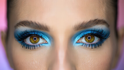 Obraz premium Intense Close-Up of a Woman's Eyes with Striking Blue Eyeshadow and Long Lashes Showcasing a Dramatic and Alluring Beauty Look in Studio Lighting