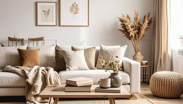 ニュートラルな色合いで統一されたリビング空間。
コーヒーテーブルに並ぶ本やデコレーションクッションがアクセントに。