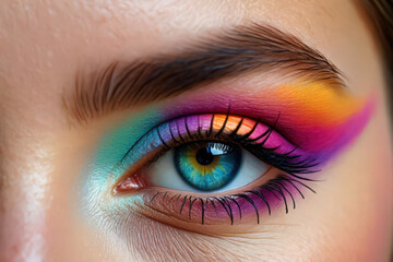 Close-Up of a Woman's Eye with Vibrant Rainbow Eyeshadow and Defined Lashes, Showcasing Artistic Makeup Techniques and the Beauty of Cosmetic Artistry