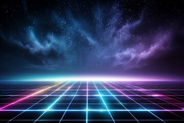 Retro 80s video game featuring a space background with a grid of blue lights streaking by