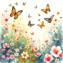 Fototapeta premium Butterflies over Spring Flowers – Pastel Dream