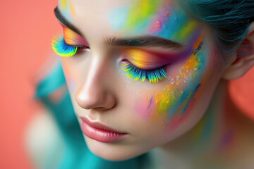 Artistic Portrait of a Woman with Rainbow Makeup and Turquoise Hair, Emphasizing Creative Expression and Beauty in a Colorful Studio Setting