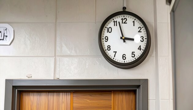 教室のドア上に掛かる壁時計のクローズアップ写真です。