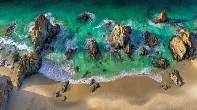 The shoreline is defined by rough seas, with waves continually crashing into the rocky coast, creating a dramatic seascape of ocean water and nature