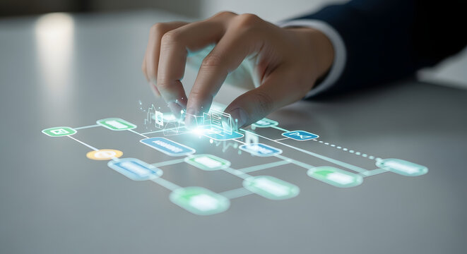 Business professional interacting with a glowing holographic flowchart on a modern desk representing data flow and digital transformation