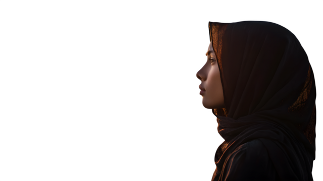 Woman in hijab gazing at calm on white background 