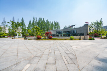 modern business office buildings with empty road,empty concrete square floor	
