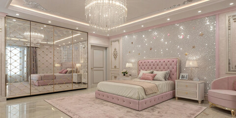 A luxurious diamond-themed bedroom for a girl, sparkling crystal chandeliers, pink velvet walls, diamond-studded cushions, golden light bokeh in the background, ultra-realistic 8K render.
