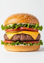 Juicy cheeseburger with fresh toppings on a sesame seed bun
