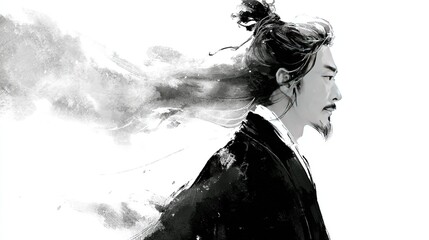Fototapeta premium This elegant Chinese ink painting-style portrait depicts a scholar of wisdom and tradition in flowing robes, shrouded in mist, embodying the ancient art and tranquil cultural heritage.