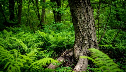 Obraz premium A Gnarled Tree Rises from a Carpet of Luminous Green Forest Ferns