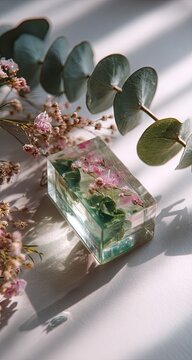 Resin art paperweight with flowers, sunlight, minimalist setting